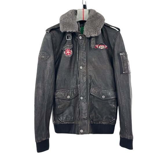 Gipsy Mens Leather Aviator Jacket Sherpa Collar Patches mens large - Picture 1 of 11